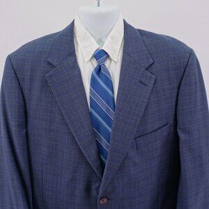 Oak Creek Worsted Wool Blue Yellow Plaid‎ Check 2 Button Sport Coat / Blazer 44L